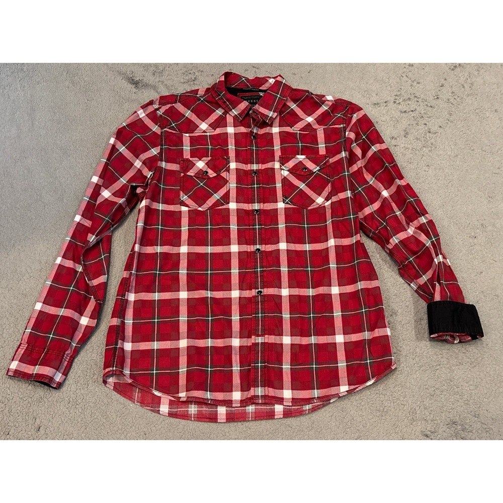Guess Mens Western Slim Fit Plaid Button Down Shirt Red White M41H24W5E10 Large